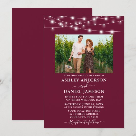 Modern Burgundy String Lights Photo Wedding Kaart (Voorkant / Achterkant)