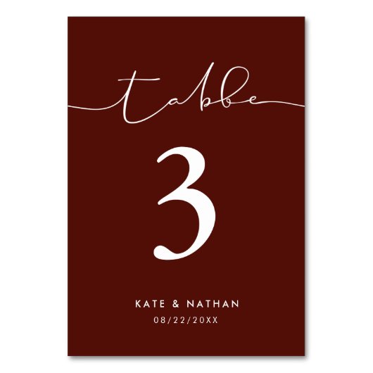 Modern Burgundy Table Number Kaart (Voorkant)