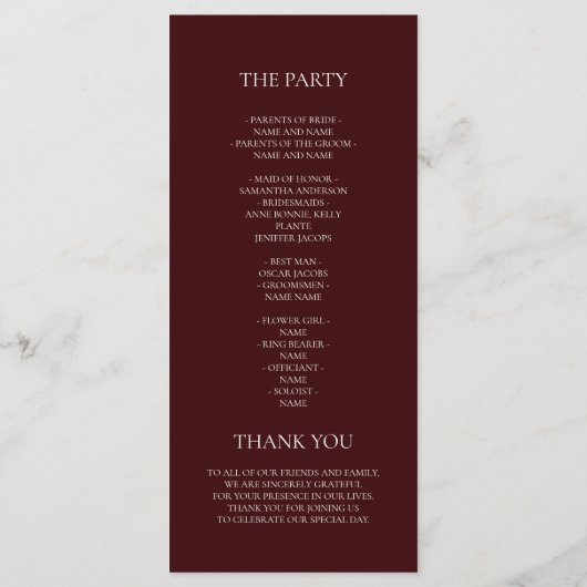 Modern Burgundy Wedding Ceremony Program | Menu (Achterkant)