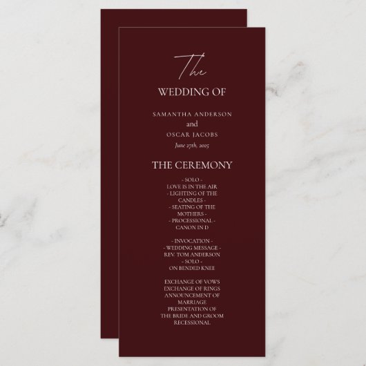 Modern Burgundy Wedding Ceremony Program | Menu (Voorkant / Achterkant)