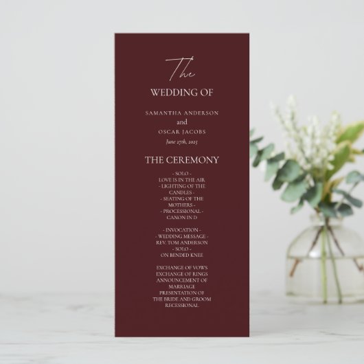 Modern Burgundy Wedding Ceremony Program | Menu (Staand voorkant)