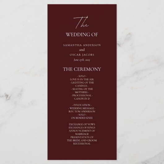 Modern Burgundy Wedding Ceremony Program | Menu (Voorkant)