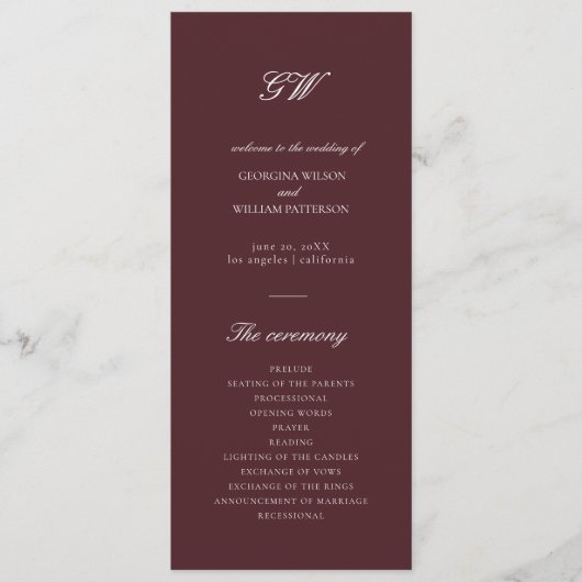 Modern Burgundy Wedding Program Programmakaart (Voorkant)