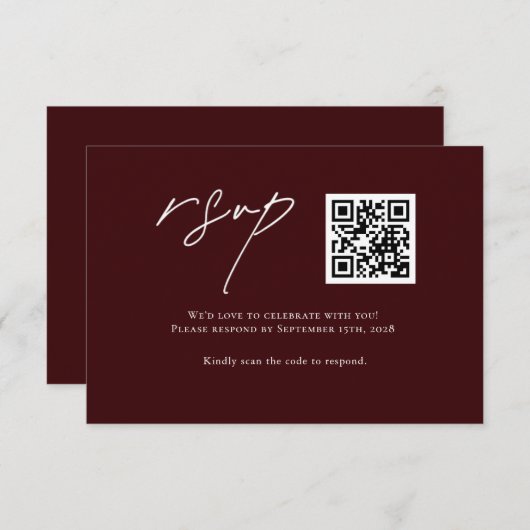 Modern Burgundy Wedding RSVP Card with QR Code (Voorkant / Achterkant)