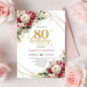 Modern Burgundy White Gold 80th Birthday Invite Kaart