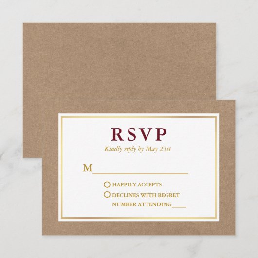 Modern Burgundy White Gold Kraft RSVP Kaartje (Voorkant / Achterkant)