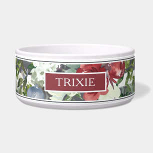 Modern Burgundy White Rose Waterverf Naam Voerbakje