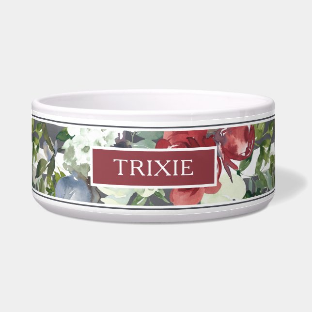 Modern Burgundy White Rose Waterverf Naam Voerbakje (Voorkant)