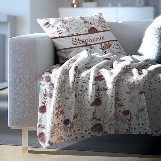 Modern Burgundy Wildflowers | Elegant Boho Floral Fleece Deken