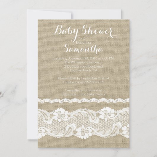 Modern Burlap & Lace Baby shower Invitation Kaart (Voorkant)