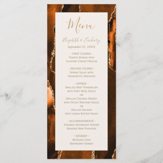 Modern Burnt Orange Gold Agate Ivory Wedding Menu (Voorkant)