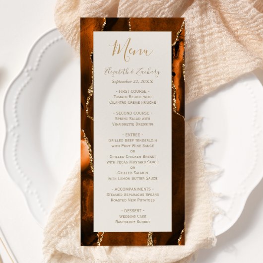 Modern Burnt Orange Gold Agate Ivory Wedding Menu