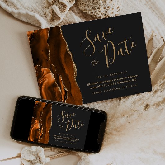 Modern Burnt Oranje Gold Agate Dark Save the Date Kaart