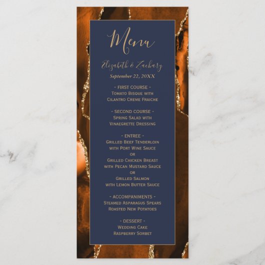 Modern Burnt Oranje Gold Agate Navy Blue Wedding Menu (Voorkant)