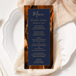 Modern Burnt Oranje Gold Agate Navy Blue Wedding Menu<br><div class="desc">Dit elegante,  moderne trouwmenu is voorzien van een waterverf verbrand oranje agate achtergrond die met gouden faux glitter is bedekt. De tekst verschijnt in elegant goudkleurige handschrift en copperplate doopvonten op een donkerblauw navy rechthoek. Het agate ontwerp wordt herhaald op de achterzijde.</div>