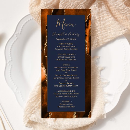 Modern Burnt Oranje Gold Agate Navy Blue Wedding Menu