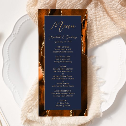 Modern Burnt Oranje Gold Agate Navy Blue Wedding Menu