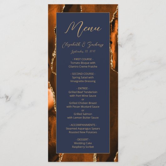 Modern Burnt Oranje Gold Agate Navy Blue Wedding Menu (Voorkant)