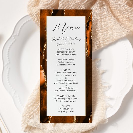 Modern Burnt Oranje Gold Agate Wedding Menu
