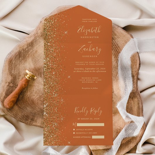 Modern Burnt Oranje Gold Glitter Wedding All In One Uitnodiging