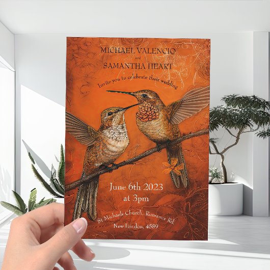 Modern Burnt Oranje Humming Birds Wedding Kaart