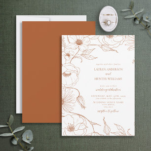 Modern Burnt Oranje Lline Art Floral Wedding Kaart