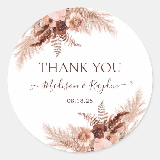 Modern Burnt Oranje Pampas Wedding Bedankt Ronde Sticker (Voorkant)