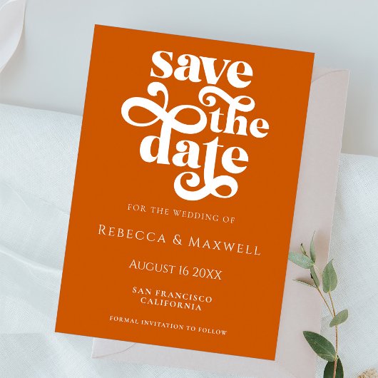 Modern Burnt Oranje Retro Typography Wedding Save The Date