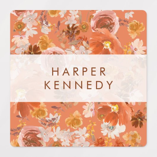 Modern Burnt Oranje Terracotta Florals Naam Labels (Design 1)