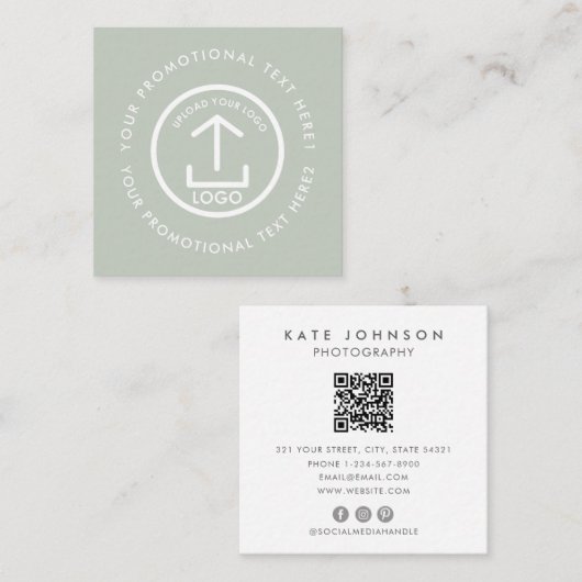 Modern Business Logo Scannable QR Code Sage Green Vierkante Visitekaartje (Voorkant / Achterkant)