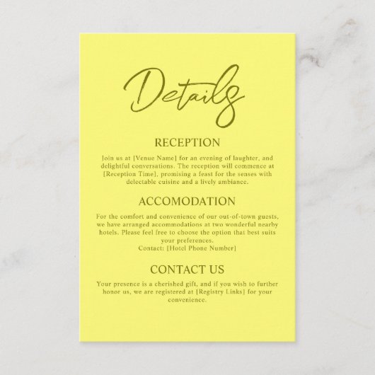 Modern Butter Yellow Wedding Details Informatiekaartje (Voorkant)