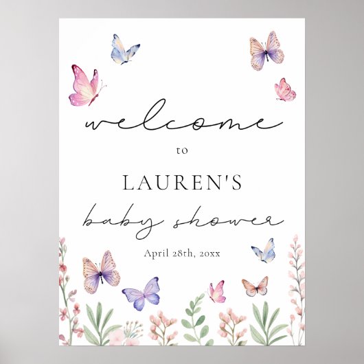 Modern Butterflies Baby shower Welkomstbord Poster (Voorkant)