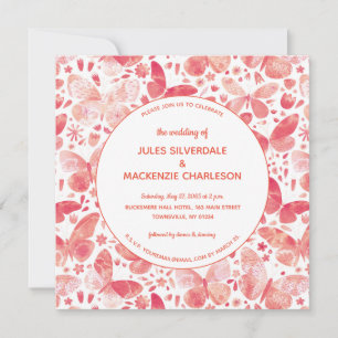 Modern Butterfly Waterverf Coral Pink Wedding Kaart