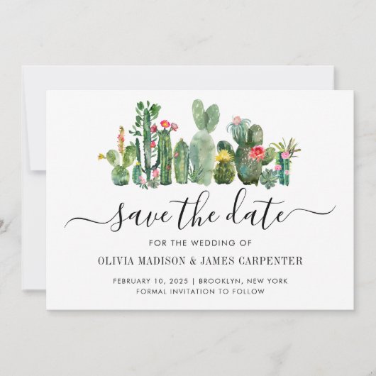 Modern Cactus Cacti Succulent Floral South Wedding Save The Date (Voorkant)