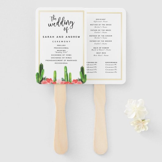 Modern Cactus en Floral Wedding Program Handwaaier (Voorkant en achterkant)