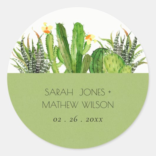 MODERN CACTUS FLORAL GARDEN WATERVERF WEDING RONDE STICKER (Voorkant)