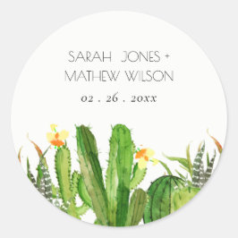 MODERN CACTUS FLORAL GARDEN WATERVERF WEDING RONDE STICKER