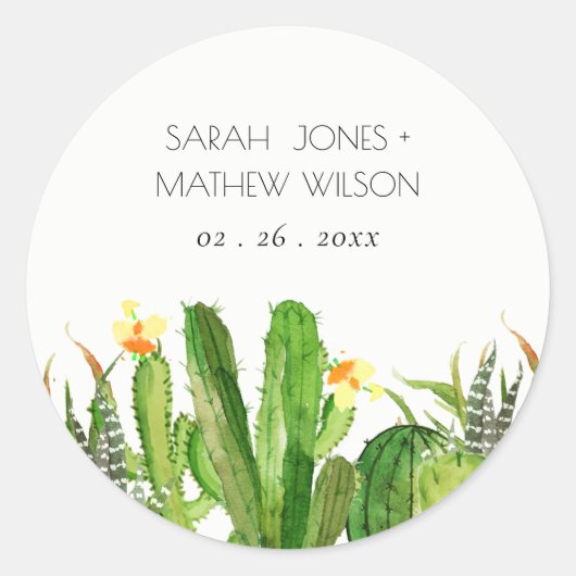 MODERN CACTUS FLORAL GARDEN WATERVERF WEDING RONDE STICKER (Voorkant)