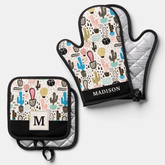 Modern Cactus Geometric Pattern Ovenwant & Pannenlap Set (Voorkant / Achterkant)