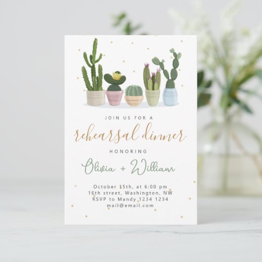 Modern Cactus Rehearsal Dinner Invitation Kaart (Staand voorkant)