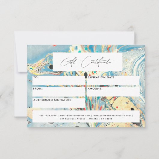 Modern cadeaubon Voucher Blauw Marmeren Script (Voorkant)