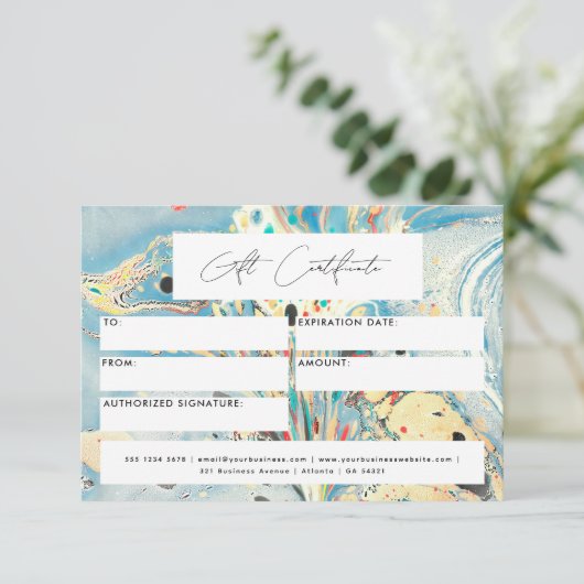 Modern cadeaubon Voucher Blauw Marmeren Script (Staand voorkant)