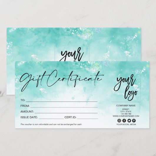 modern cadeaukaartcertificaat voegt logo aquablauw (Voorkant / Achterkant)