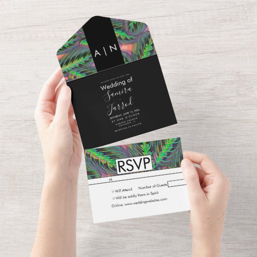 Modern Calathea Plantenpatroon Bruiloft All In One Uitnodiging (Afscheurbaar)