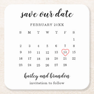 Modern Calendar Red Heart Wedding Save the Date Kartonnen Onderzetters
