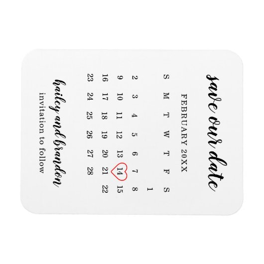 Modern Calendar Red Heart Wedding Save the Date Magneet (Horizontaal)