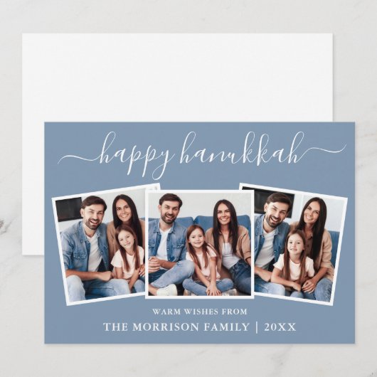 Modern Calligrafie 3 FotoHappy Hanukkah Blue Feestdagenkaart (Voorkant / Achterkant)