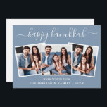 Modern Calligrafie 3 FotoHappy Hanukkah Blue Feestdagenkaart<br><div class="desc">Modern Trendy Calligraphy Script 3 Foto Familie Collage Happy Hanukkah Kaart - Dusty Blue</div>