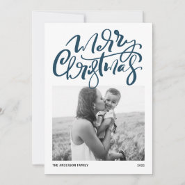 Modern Calligrafie Blue Photo Merry Kerstry Feestdagenkaart