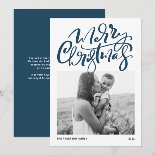 Modern Calligrafie Blue Photo Merry Kerstry Feestdagenkaart (Voorkant / Achterkant)